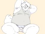  2023 anthro balls belly canid canine canis domestic_dog eyes_closed flaccid genitals hi_res inunoshippo kemono male mammal overweight overweight_male penis pubes simple_background sitting solo 