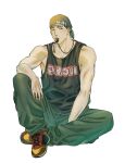  1boy bandana black_eyes black_hair black_tank_top blowing_whistle buzz_cut fukatsu_kazunari full_body green_bandana green_pants hand_on_own_knee highres looking_at_viewer loose_pants mac_3070 male_focus orange_footwear pants print_tank_top shoes short_hair simple_background sitting slam_dunk_(series) sneakers solo tank_top toned toned_male very_short_hair white_background 