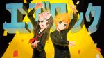  1boy 1girl \m/ black_jacket black_serafuku blonde_hair brown_eyes brown_hair confetti ego_rock_(vocaloid) gakuran green_eyes highres hyottoko_mask jacket kagamine_len long_hair mask mask_on_head neckerchief open_mouth red_neckerchief school_uniform serafuku short_hair song_name turu vocaloid 