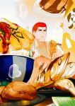  1boy 1other black_eyes bowl buzz_cut chewing chopsticks eating fish_(food) flu70579711 food food_on_face fried_fish highres holding holding_bowl holding_chopsticks looking_ahead male_focus milk noodles out_of_frame plate red_hair rice sakuragi_hanamichi short_hair slam_dunk_(series) solo steam table tank_top towel towel_around_neck upper_body very_short_hair white_tank_top white_towel 