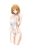 1girl bandaid bandaid_on_face bare_shoulders breasts brown_eyes collarbone covering_breasts covering_privates cowboy_shot highres kantai_collection light_brown_hair medium_breasts naked_towel oboro_(kancolle) short_hair shushan simple_background solo standing towel white_background 