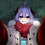  1girl ahoge alternate_costume blush coat duffel_coat fur-trimmed_coat fur_trim gloves grin horns kindred_(league_of_legends) lamb_(league_of_legends) league_of_legends looking_at_viewer meme open_clothes open_coat pov pov_cheek_warming_(meme) reaching reaching_towards_viewer red_eyes red_gloves red_scarf ri_~yoku scarf smile solo spirit_blossom_kindred teeth winter_clothes 