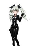  1girl anchovy_(girls_und_panzer) black_bodysuit black_gloves black_ribbon bodysuit breasts brown_eyes closed_mouth collarbone drill_hair girls_und_panzer gloves green_hair hair_ribbon highres key_(gaigaigai123) large_breasts long_hair long_sleeves looking_at_viewer ribbon shiny_clothes smile solo twin_drills zipper zipper_pull_tab 