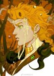  1boy bare_tree braid cropped_torso earrings flu70579711 giorno_giovanna green_eyes heart_(organ) jewelry jojo_no_kimyou_na_bouken ladybug_ornament male_focus medium_hair orange_hair pompadour portrait profile snake solo tassel tiara tree vento_aureo 