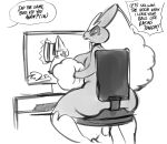  absurd_res anthro biped breasts chair computer english_text female furniture generation_4_pokemon hi_res looking_back lopunny nintendo pokemon pokemon_(species) pupils saltyxodium sitting solo text thick_thighs 