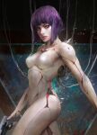  1girl cable commission cyberpunk cyborg derivative_work english_commentary ghost_in_the_shell gun handgun highres kusanagi_motoko lips looking_at_viewer machinery mechanical_parts purple_hair realistic red_eyes science_fiction thedurianart upper_body weapon wire 