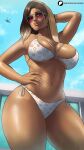  1girl absurdres alternate_breast_size arm_behind_head bikini blonde_hair bracelet brand_name_imitation breasts brown_hair commentary contrapposto cowgirl_position curvy dark-skinned_female dark_skin earrings echo_saber english_commentary from_below grand_theft_auto grand_theft_auto_vi hand_on_own_hip helicopter_hair highres hoop_earrings jewelry large_breasts louis_vuitton_(brand) lucia_(grand_theft_auto) mole mole_above_mouth mole_under_mouth multiple_moles navel o-ring o-ring_bikini o-ring_top paid_reward_available parted_bangs solo straddling sunglasses swimsuit thick_thighs thighs underboob white_bikini 