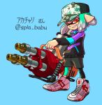  1boy baseball_cap black_leggings black_shorts black_sweater blue_background commentary_request full_body green_hair green_headwear gun hat highres holding holding_gun holding_weapon hydra_splatling_(splatoon) inkling inkling_boy leggings leggings_under_shorts pointy_ears red_eyes shoes short_hair shorts simple_background solo splatoon_(series) splatoon_3 sweater teeth weapon white_footwear xdies_ds 