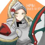  1girl armor blonde_hair fire_emblem fire_emblem_engage full_armor grey_armor happy_birthday high_ponytail highres jade_(fire_emblem) k2aor looking_at_viewer plate_armor sidelocks solo upper_body yellow_eyes 