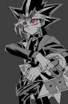 1boy duel_disk jacket male_focus medium_hair millennium_puzzle open_clothes open_jacket red_eyes shi_(shooo_ttt) simple_background sketch solo spot_color yami_yuugi yu-gi-oh! yu-gi-oh!_duel_monsters 
