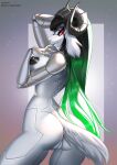  anthro aomori bangs big_breasts black_hair bovid breasts butt caprine curved_horn cybernetics cyborg female genitals goat gradient_hair green_hair hair hi_res horn long_hair machine mammal nude pussy rear_view robot solo white_body 