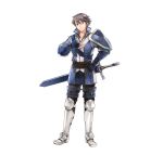  1boy absurdres blue_gloves fingerless_gloves fire_emblem fire_emblem_awakening fire_emblem_heroes gloves hand_on_own_chest highres inigo_(fire_emblem) sheath shield solo sword tunic wada_sachiko weapon white_background 