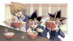  3boys black_hair blonde_hair bowl brown_eyes brown_hair eating food holding holding_bowl jacket jounouchi_katsuya male_focus meat multicolored_hair multiple_boys mutou_yuugi noodles open_clothes open_jacket purple_eyes purple_hair ramen shi_(shooo_ttt) sitting upper_body yami_yuugi yu-gi-oh! yu-gi-oh!_duel_monsters 