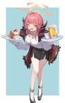  1girl absurdres ahoge alcohol aru_(blue_archive) beer beer_mug black_footwear black_skirt blue_archive blush breasts brown_coat brown_horns cake cake_slice coat coat_on_shoulders cup demon_horns food fruit full_body fur-trimmed_coat fur_trim halo highres holding holding_tray horns large_breasts long_hair long_sleeves looking_at_viewer luai mug open_mouth pencil_skirt pink_hair pink_halo shirt shoes skirt solo strawberry tray white_shirt yellow_eyes 