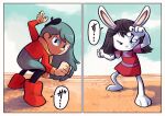  2023 angry anthro clothed clothing comic dialogue dragon_ball duo elinor_rabbit elinor_wonders_why female fighting_pose fist fully_clothed hilda_(hilda) hilda_(series) human japanese_text lagomorph leporid mammal manga parody pose rabbit smile smirk speech_bubble text unknown_artist young 