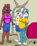  anthro binky_bunny_(rutwell) blonde_hair blue_body blue_eyes blue_fur bottomwear breasts brown_body brown_fur cleavage clothed clothed_female clothing domestic_cat felid feline felis female fur furniture group hair inside joy_bunny kthanid_(artist) lagomorph leporid mammal open_mouth pink_nose purple_hair rabbit randy_rabbit red_hair rutwell_forest serenakty shirt shorts sofa tail tank_top toony topwear trio_focus 