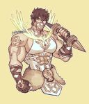  1boy abs artist_name bara brown_eyes brown_hair character_request clenched_hand eikthyrnir_surt fire_emblem fire_emblem_heroes highres holding holding_weapon large_pectorals looking_at_viewer male_focus masked muscular muscular_male oneirio pectorals shirt sleeveless sleeveless_shirt twitter_username weapon yellow_background 
