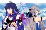  2girls ahoge bronya_rand commentary detached_sleeves earrings english_commentary english_text grey_eyes grey_hair hair_between_eyes highres honkai:_star_rail honkai_(series) jewelry long_hair long_sleeves multiple_girls natsuki_(2917) open_mouth purple_eyes purple_hair scarf seele_(honkai:_star_rail) upper_body 