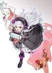  1girl alice_in_wonderland black_capelet black_footwear black_gloves black_headwear capelet chocolateonly cookie cup fate/extra fate_(series) flower food fork gloves gradient_background long_sleeves nursery_rhyme_(fate) pouring purple_eyes rose saucer solo spoon star_(symbol) teacup teapot white_hair 