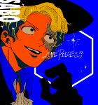  1boy ascot black_eyes black_gloves black_headwear blonde_hair character_name commentary_request gloves hat highres larugo0513 male_focus one_piece open_mouth sabo_(one_piece) scar scar_across_eye scar_on_face short_hair smile solo teeth white_ascot 