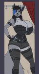  absurd_res anthro babbuwawa(wolfie1004) belt big_breasts blue_hair boots breasts canid canine canis clothing collar costume dressing_room female footwear hair hi_res mammal punk razirekvd solo thigh_belt wolf 