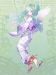  1girl ankle_ribbon bow dairoku_ryouhei feathered_wings floral_print full_body green_background green_hair hair_ornament highres japanese_clothes jewelry kimono leg_ribbon long_hair long_sleeves looking_at_viewer oomizuao purple_bow purple_eyes red_ribbon ribbon ring sandals sidelocks smile solo til_roeve white_wings wings 