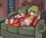  2girls antennae ascot black_cape blue_shorts breasts cape closed_eyes collared_shirt commentary couch english_commentary full_body green_hair highres indoors kazami_yuuka large_breasts looking_at_another lying multiple_girls on_side plaid plaid_vest profitshame red_eyes red_nails red_skirt red_vest shirt short_hair shorts skirt sleeping touhou vest white_footwear white_shirt wriggle_nightbug yellow_ascot 