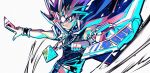  1boy black_hair blonde_hair card clenched_hand duel_disk holding holding_card male_focus millennium_puzzle multicolored_hair purple_eyes purple_hair shi_(shooo_ttt) smile solo upper_body yami_yuugi yu-gi-oh! yu-gi-oh!_duel_monsters 