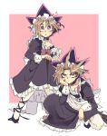  2boys alternate_costume black_hair blonde_hair blush commentary_request crossdressing enmaided hand_on_own_face highres looking_at_viewer maid maid_headdress male_focus medium_hair multicolored_hair multiple_boys purple_eyes purple_hair shi_(shooo_ttt) squatting thighhighs white_thighhighs yu-gi-oh! yu-gi-oh!_duel_monsters 