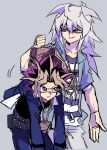  2boys black_hair blonde_hair brown_eyes carrying clenched_teeth grey_hair jacket long_hair male_focus medium_hair millennium_puzzle millennium_ring multicolored_hair multiple_boys open_clothes open_jacket purple_eyes purple_hair shi_(shooo_ttt) shirt simple_background sketch smile striped striped_shirt teeth yami_bakura yami_yuugi yu-gi-oh! yu-gi-oh!_duel_monsters 