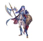 1girl absurdres armor armored_boots axe battle_axe blue_eyes blue_hair boots cape closed_mouth commentary_request faulds fire_emblem fire_emblem_awakening fire_emblem_heroes full_body gauntlets gesoking gloves gold_trim highres holding holding_shield holding_weapon jewelry long_hair looking_at_viewer lucina_(fire_emblem) official_art shield shoulder_armor simple_background smile solo standing tiara weapon white_background 