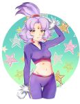  1girl blaze_the_cat crop_top earrings forehead_jewel fur-trimmed_gloves fur_trim gloves humanization jewelry krystalstar70 looking_at_viewer midriff navel pants parted_lips purple_hair purple_pants sonic_(series) sportswear star_(symbol) topknot white_gloves yellow_eyes 