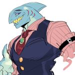  blue_body blue_skin clothed clothing fish gills hi_res kuzudana male marine narrowed_eyes red_eyes shark sharp_teeth simple_background solo teeth toothy_grin white_background 