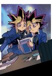  2boys ? black_hair blonde_hair book card commentary desk english_text holding holding_book jacket male_focus medium_hair multicolored_hair multiple_boys open_clothes open_jacket purple_eyes purple_hair shi_(shooo_ttt) space symbol-only_commentary yu-gi-oh! yu-gi-oh!_duel_monsters 