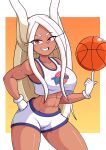  abs absurd_res animal_humanoid ball basketball_(ball) bottomwear breasts brown_body brown_skin clothing cosplay crossover crossover_cosplay female gloves hair handwear hi_res humanoid lagomorph lagomorph_humanoid lola_bunny long_hair looney_tunes mammal mammal_humanoid muscular muscular_female muscular_humanoid my_hero_academia rumi_usagiyama shorts simple_background smile snowmantofu solo space_jam warner_brothers white_hair 