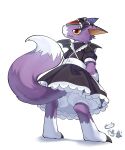  bat_wings black_bow black_dress black_wings bloomers bow brown_fur chinese_commentary claws closed_mouth digimon digimon_(creature) digitigrade dorumon dress fangs frown highres legs_apart maid mini_wings no_humans puffy_short_sleeves puffy_sleeves purple_tail short_sleeves simple_background solo standing tail_raised two-tone_tail white_background white_bloomers white_fur white_tail wings yellow_eyes youzaiyouzai112 