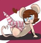  &lt;3 abstract_background anthro breasts brown_hair butt clothing eyewear female fur gesture glasses hair hi_res leaning leaning_back legs_up legwear legwear_only looking_at_viewer mammal mostly_nude mouse murid murine nipples open_mouth open_smile pattern_clothing pattern_legwear pattern_stockings red_(vono) rodent shadow slightly_chubby smile solo spiral_glasses stockings stockings_only striped_clothing striped_legwear striped_stockings stripes tail tail_gesture tail_heart tan_body tan_fur thick_thighs vono 