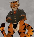  absurd_res anthro bottomless bulge clothed clothing epic_games felid fingerless_gloves fortnite fur gloves handwear hi_res laydai looking_away male mammal muscular muscular_anthro muscular_male necktie oscar_(fortnite) pantherine slightly_chubby solo stripes tiger topwear underwear vest white_body white_fur yellow_eyes 