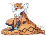  1girl body_fur breasts cat_girl chinese_commentary closed_eyes digimon digimon_(creature) fangs furry furry_female highres medium_breasts meicrackmon meicrackmon_(vicious_mode) open_mouth orange_fur sharp_teeth simple_background solo squatting tears teeth white_background white_fur yawning youzaiyouzai112 