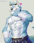  &lt;3 2023 abs absurd_res anthro arm_tuft bandage belt biceps big_muscles black_clothing black_nipples black_nose blue_body blue_fur body_hair bublelery canid canine canis cheek_tuft chin_tuft claws clothed clothing collar deltoids dislyte elbow_tuft eyebrows eyewear eyewear_on_head facial_scar facial_tuft freddy_(dislyte) fur genitals hand_on_hip happy_trail hi_res jewelry lanyard looking_at_viewer male mammal multicolored_body muscular muscular_male navel necklace nipples one_eye_closed pecs penis penis_base pubes scar simple_background smile solo sunglasses sunglasses_on_head tail teeth topless tuft two_tone_body vein white_body white_fur wink wolf yellow_eyes 