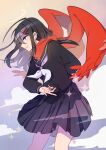  1girl absurdres arm_behind_back black_hair black_sailor_collar black_serafuku black_shirt black_skirt blue_sky closed_mouth cloud commentary_request day feet_out_of_frame floating_scarf fringe_trim from_side gradient_sky hair_ornament hairclip hashtag_only_commentary highres kagerou_project labjusticaholic long_scarf long_sleeves looking_ahead outdoors pink_sky pleated_skirt red_eyes red_scarf sailor_collar scarf school_uniform serafuku shirt skirt sky sleeve_cuffs smile solo standing tateyama_ayano wind winter_uniform 