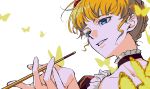  1girl ako_(eanaaati1) beatrice_(umineko) blonde_hair blue_eyes bug butterfly choker highres holding holding_smoking_pipe smile smoking_pipe umineko_no_naku_koro_ni upper_body 