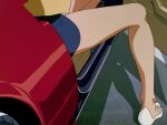  1girl anime_screencap car day from_behind head_out_of_frame katsuragi_misato legs lower_body motor_vehicle neon_genesis_evangelion non-web_source shadow sitting skirt 