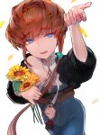  1girl absurdres arm_up black_sleeves blue_eyes blue_overalls blush braid breasts brown_hair clothing_cutout crown_braid fate/grand_order fate_(series) flower highres holding holding_flower looking_at_viewer navel navel_cutout open_mouth overalls puffy_short_sleeves puffy_sleeves shimogamo_(shimomo_12) short_sleeves side_braid simple_background small_breasts solo sunflower sunflower_petals teeth van_gogh_(fate) white_background yellow_flower zipper_pull_tab 