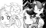  1boy 1girl :3 animal_ears animal_nose aoki_(fumomo) blush body_fur boots closed_mouth commentary_request copyright_name crossed_arms english_text full_body gloves greyscale hair_intakes hairband long_hair looking_at_viewer maria_robotnik monochrome multiple_views neck_fur partial_commentary shadow_the_hedgehog sidelocks sketch smile sonic_(series) sonic_adventure_2 spiked_hair standing tail 