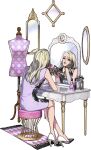  1boy bottle charisma_house cosmetics dress girly_boy gloves high_heels highres long_hair looking_at_mirror makeup_brush male_focus mannequin mirror mojisan_(ebimo) narcissism perfume_bottle pointing reflection rug smile stool terra_(charisma_house) 