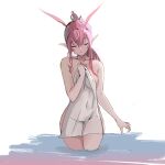  1girl absurdres animal_ears breasts closed_mouth collarbone cowboy_shot facing_viewer fox_ears highres holding holding_towel honkai_(series) honkai_impact_3rd long_hair naked_towel onsen open_clothes pink_hair pointy_ears ponytail simple_background solo sooner towel wading water white_background yae_sakura 