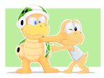  absurd_res albinoturtle anthro armor assisted_exposure barefoot bottomless clothed clothing covering covering_crotch duo feet hammer_bro hand_in_face headgear helmet hi_res koopa koopa_shell koopa_troopa male mario_bros nintendo reaching scalie shell shell-less shirt tank_top teasing topwear turtle_shell 