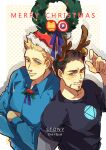  2boys animification antlers arc_reactor avengers_(series) bell black_shirt blonde_hair blue_eyes blue_shirt blush border brown_eyes brown_hair christmas_wreath closed_mouth collared_shirt crossed_arms deer_antlers english_commentary facial_hair fake_antlers fingernails fur-trimmed_headwear fur_trim hand_up hat iron_man long_sleeves looking_at_viewer male_focus marvel merry_christmas minihardee multiple_boys neck_ribbon outside_border polka_dot polka_dot_background pom_pom_(clothes) purple_ribbon red_headwear ribbon santa_hat shadow shield shirt short_hair smile standing star_(symbol) steve_rogers t-shirt tony_stark white_background white_border wreath 