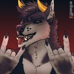  1:1 2021 acidwuff anthro artist_name black_clothing black_topwear brown_body brown_fur brown_sclera bust_portrait canid cheek_tuft clothed clothing dated devil_horns_(gesture) facial_tuft fangs front_view fur gesture gradient_background hi_res horn inner_ear_fluff looking_at_viewer male mammal neck_tuft open_mouth orange_eyes portrait red_tongue simple_background solo teeth tongue tongue_out topwear tuft white_body white_fur white_inner_ear_fluff yellow_horn 